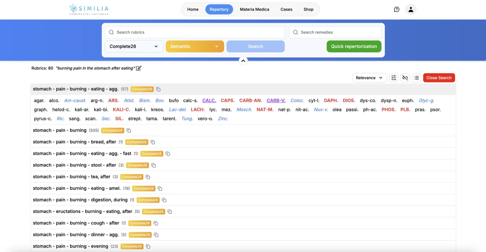 Repertory search interface showing semantic search results for digestive symptoms